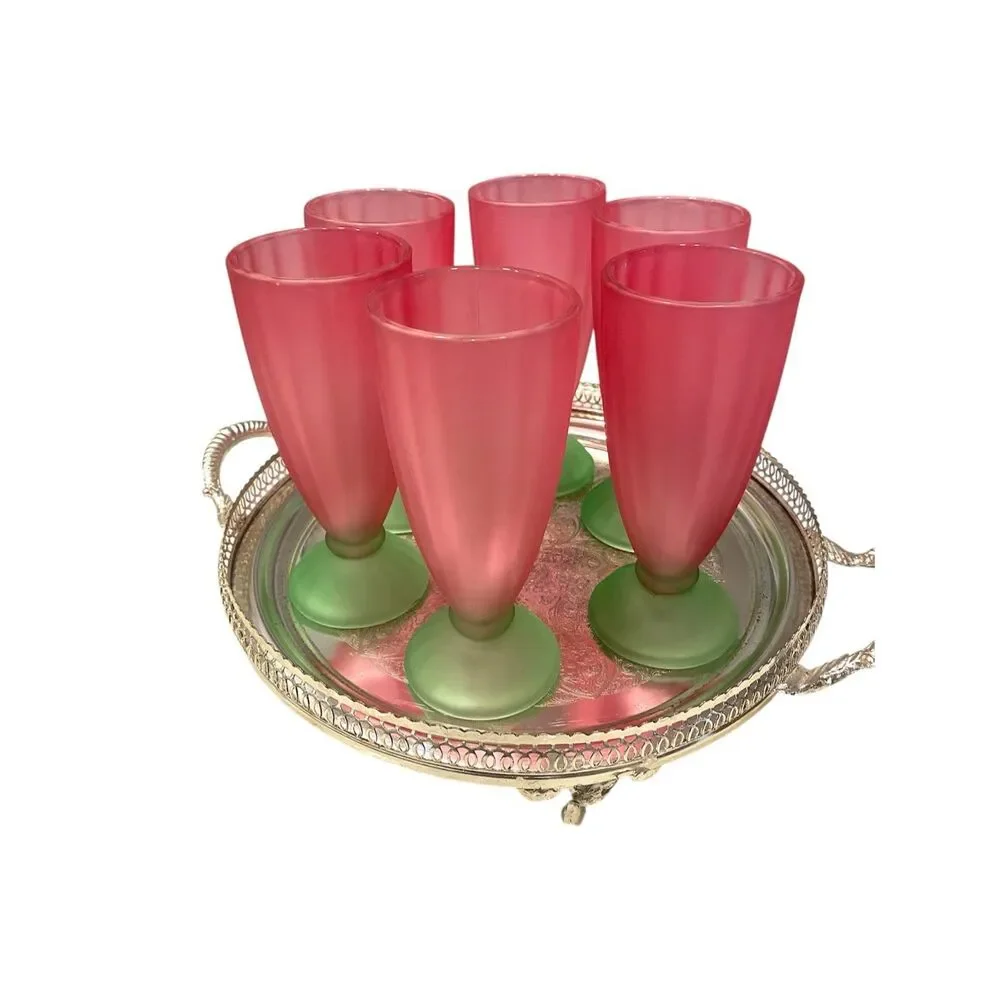 Vintage Libbey Ka-Dinks Parfait Glasses frosted pink bowl and green foot Set of